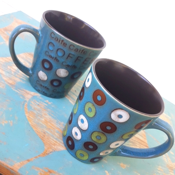 Vintage Mugs Coffee Cups Ceramic Teal Green Set of 2 Donuts Cheerios VTG - Picture 1 of 10